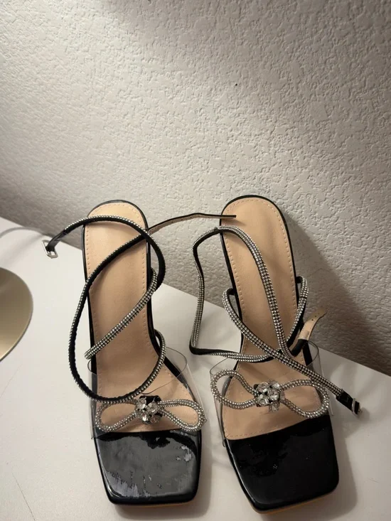 Black Patent Strappy Heels with Crystal Bow Detail