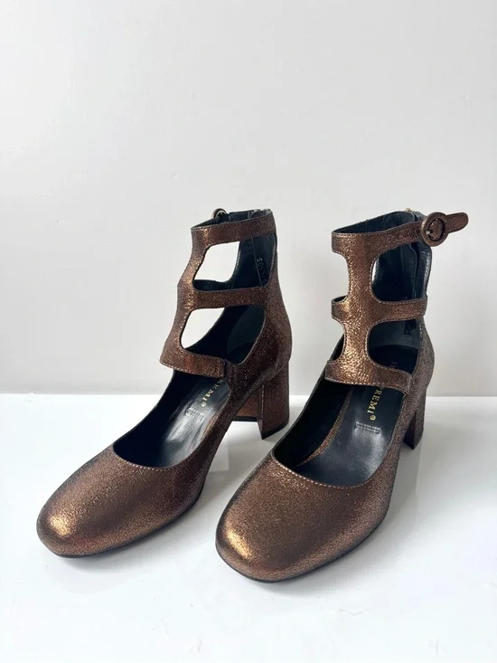 Bruno Premi Bronze Metallic Leather Multi-Strap Block Heels Size 39