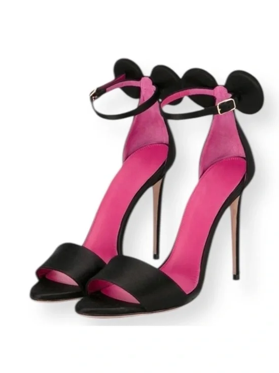 NEW Only Maker Bow Mouse Ears Satin Black Pink Stiletto Heels Size 37 (US 6.5-7)