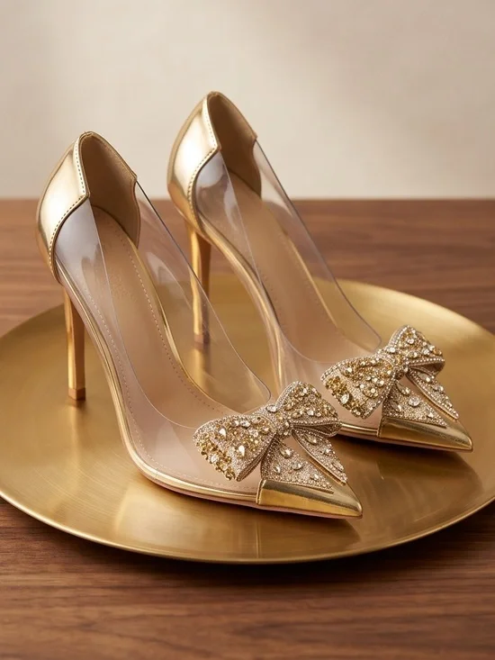 Gold Crystal Bow Pointed-Toe Stiletto Heels