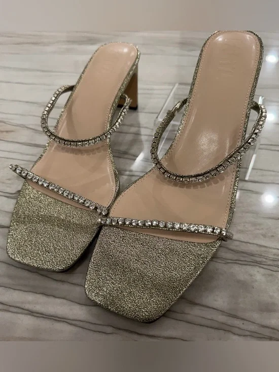 FARYL by Farylrobin Alexandra Gold Rhinestone Block Heel Sandals Size 13 NIB