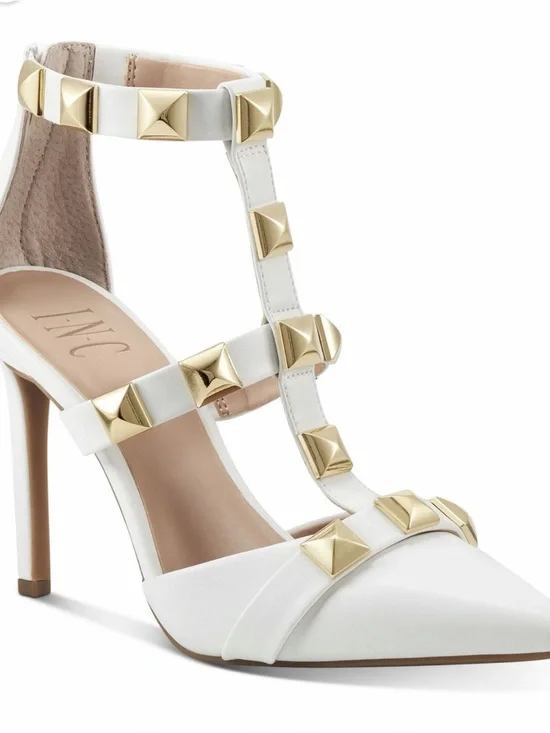 NEW INC White T-Strap Pointed High Heel with Gold Studs 10M