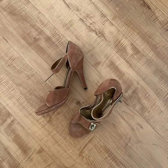 Elegant Brown Gold Suede High Heels
