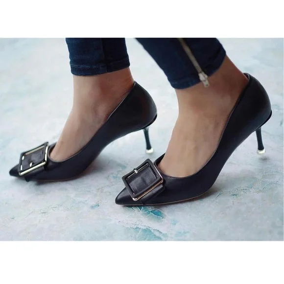 C.Paravano Pointed Toe Pumps Women 42 / 11.5 Black NIB Buckle Pump Heel‎ Chic