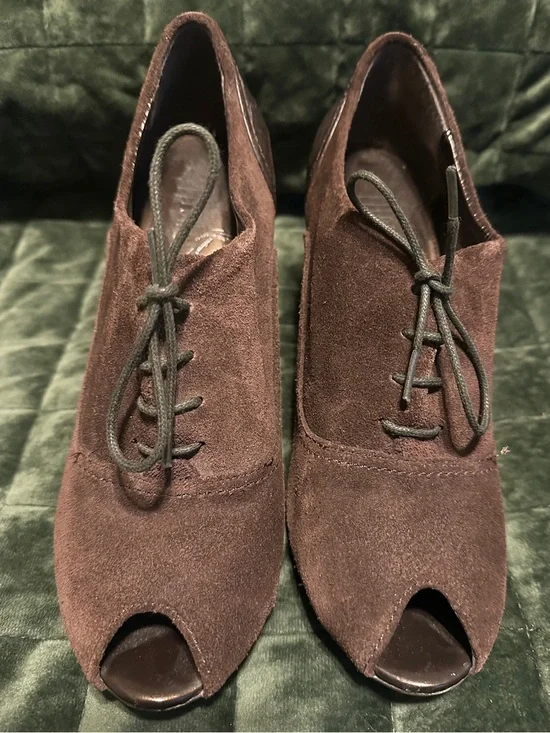 Nickels Dark Brown Suede Peep-Toe Lace-Up Heels