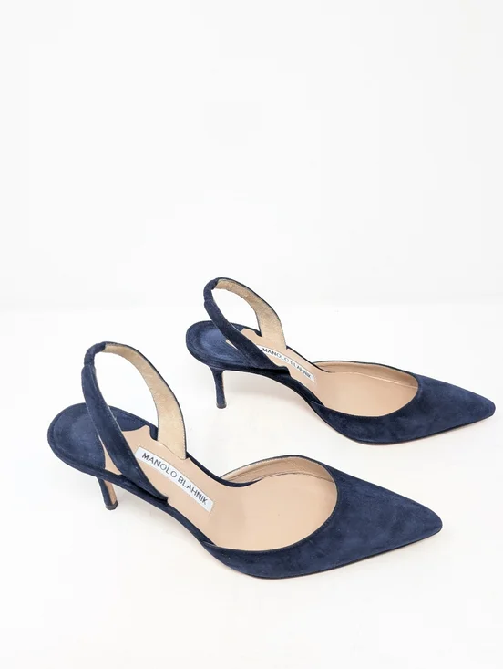 Manolo Blahnik Carolyne Blue Suede Slingback Pumps Heels Size 36.5