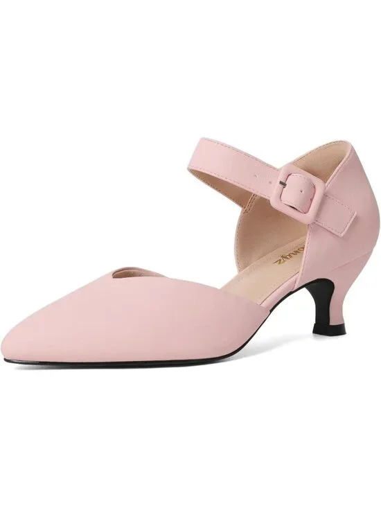 Women's Pink Kitten Heel Pointed Closed Ankle Strap Buckle Slip On Shoes