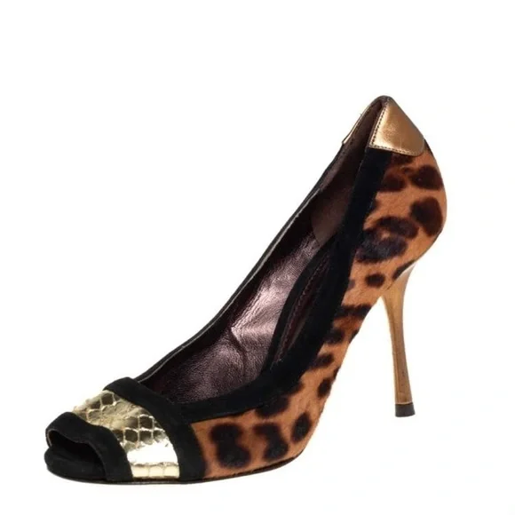 Dolce & gabbana / pony calf hair leopard multi peep open toe pumps 39 9 heels