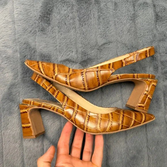Vince Camuto Hamden Tan Croc Embossed Leather Slingback Block Heel Pumps 8.5M