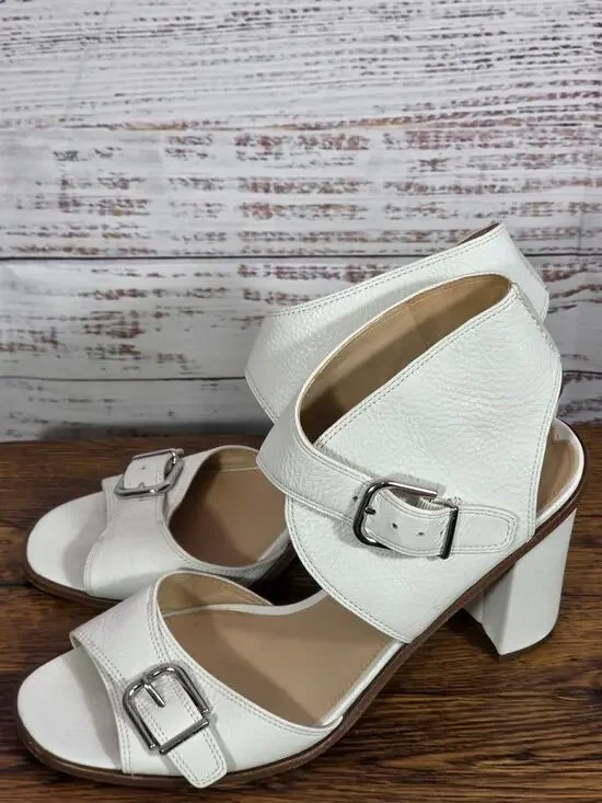 Via Spiga White Leather Block Heel Sandals 9.5 Buckle Ankle Wrap Italy 41