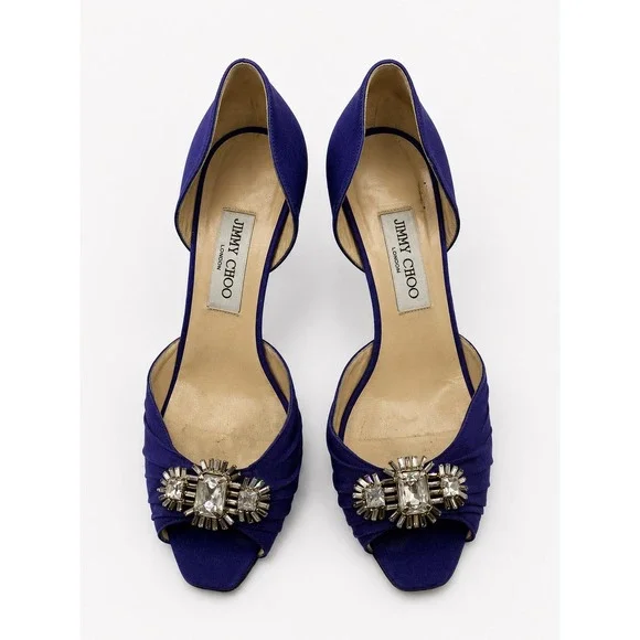 Jimmy‎ Choo Peep Toe Heels Women 38.5 Purple Fair Crystal Satin d'Orsay Pumps