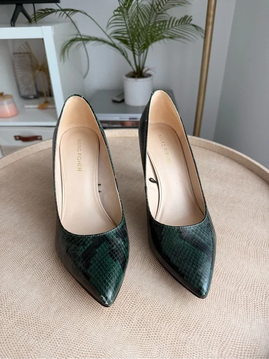 Marc Fisher Dark Green Snake-Print Pointed Pumps