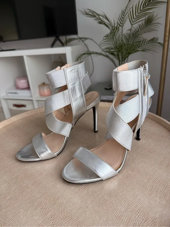 Metallic Silver Strappy High Heel Sandals - Women's Evening Heels