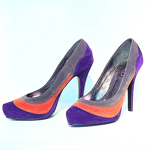 NWOT Colorblock Pumps Purple Orange & Gray Faux Suede, 4.5