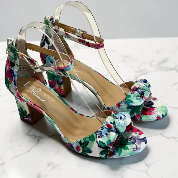 A2 by Aerosoles Bella Sandals 7M Watercolor Floral Block Heel Ankle Strap NIB