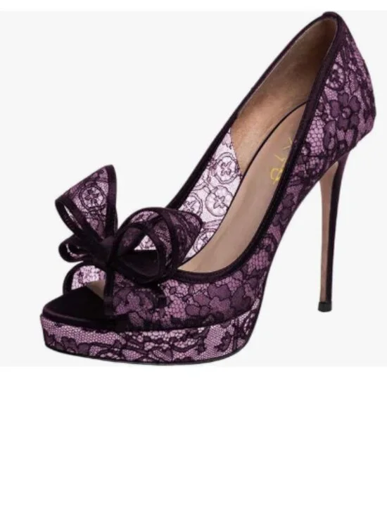 XYD Purple Lace Bows Peep Toe Pumps Platform Stilettos High Heel Slip On Shoes
