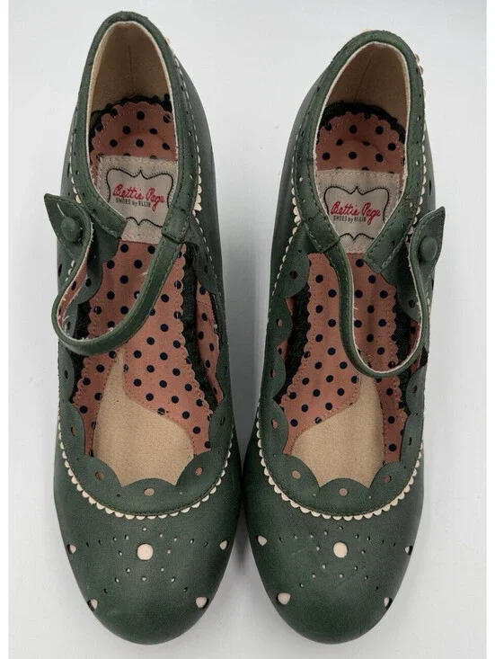 Bettie Page Ellie Stroll Womens 8 Green Mary Jane Heels Retro Pinup Cutout