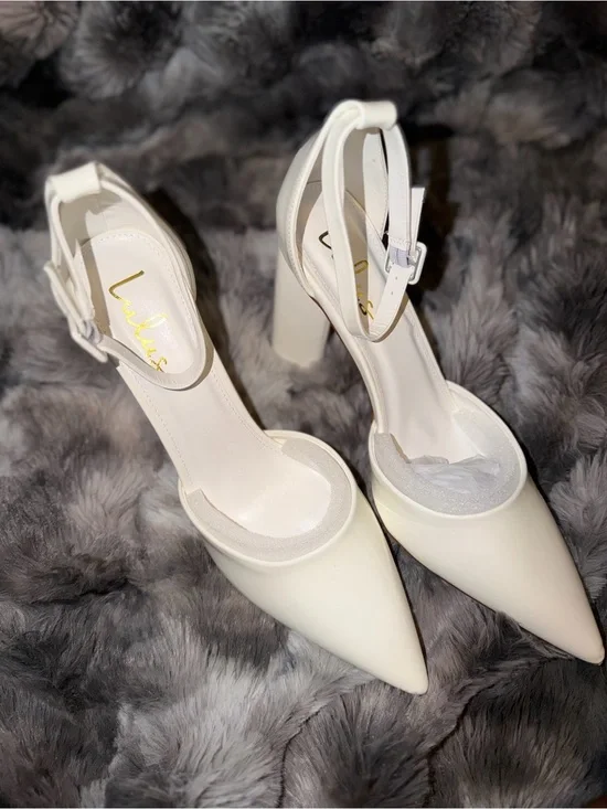 Lulu's Ivory Pointed-Toe Ankle Strap Block Heels | 11