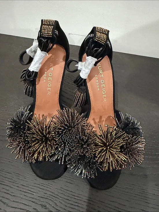 Kurt Geiger Black Heels with Gold-Beaded Pom-Poms
