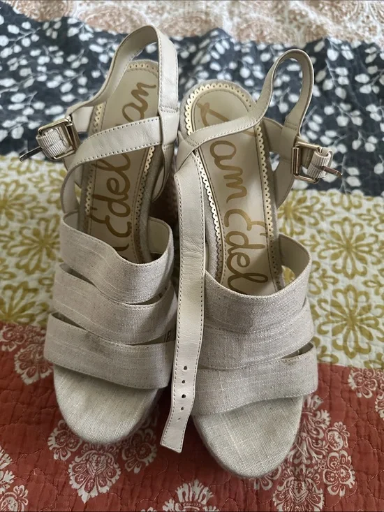 Sam Edelman Beige Linen Strappy Platform Sandals