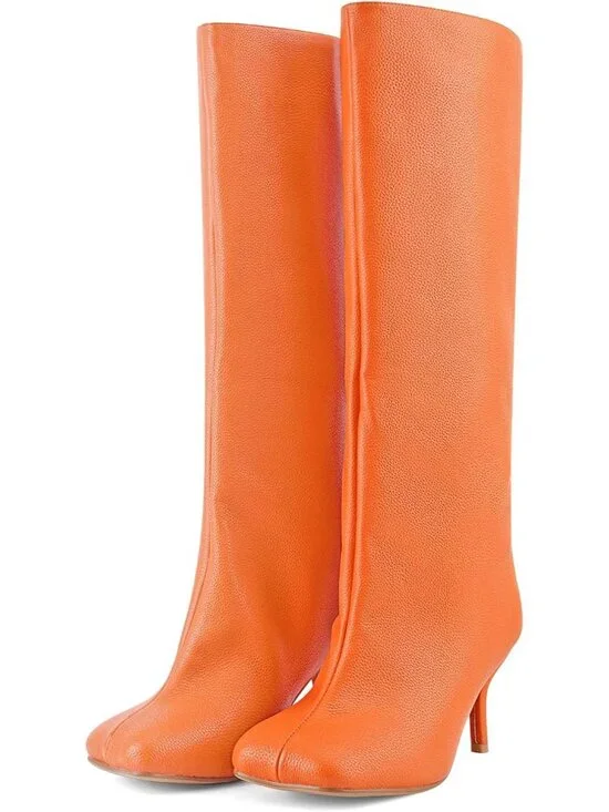 Women's Orange Faux Suede comfort Square Toe Kitten Heel Pull On Knee High Boots