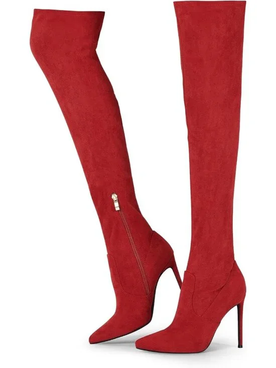 Women's Red Pointed Toe Suede Stiletto Heel Stretch Over The Knee Boots