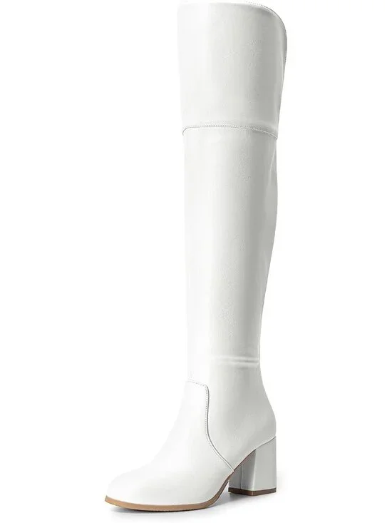 Women's White Round Toe Side Zipper Chunky Heel Over The Knee Thigh High Boots