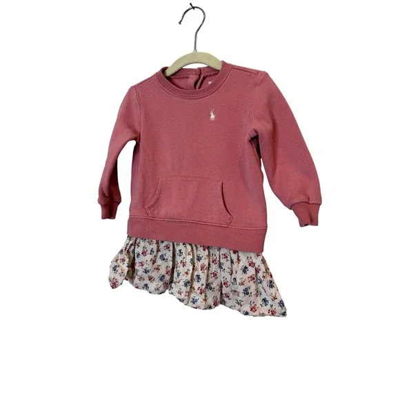 Ralph Lauren Sweater Dress Girls 12-18 Months Pink Floral Kangaroo Pocket Knit