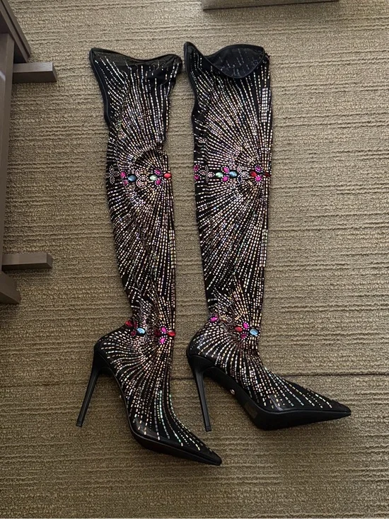 Black Embellished Sheer Over-the-Knee Stiletto Boots with Multicolor Gems