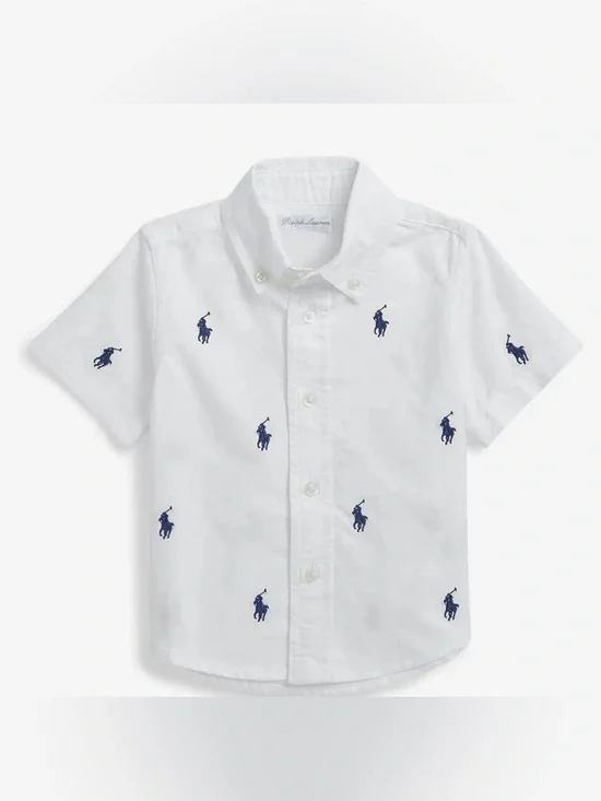 Ralph Lauren White Short-Sleeve Button-Down with Navy Pony Embroidery