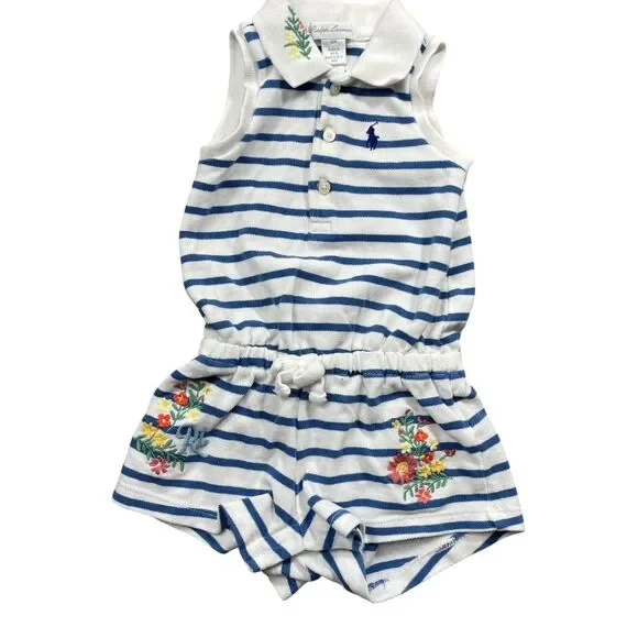 Ralph Lauren Infants 6‎ Month Romper Blue White Strip Embroidered Flowers