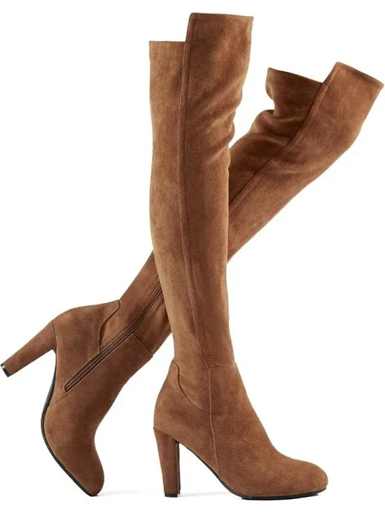 Women's Dark Brown Faux Suede Chunky Heel Stretch Over The Knee Thigh High Boots