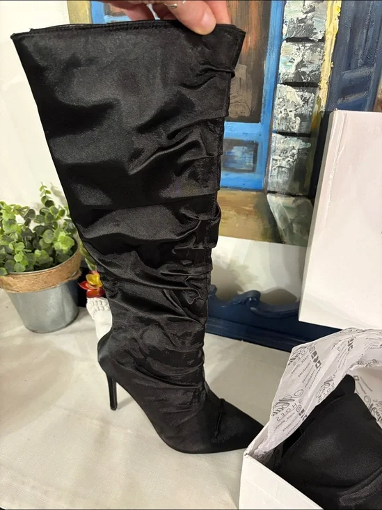 Black Satin Knee-High Ruched Boots - NIB SIZE 6.5
