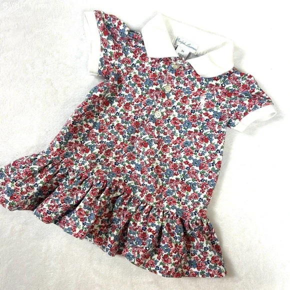 Ralph Lauren Baby Girls Floral Polo Dress Ruffled Hem Multicolor Cotton Sz 3M