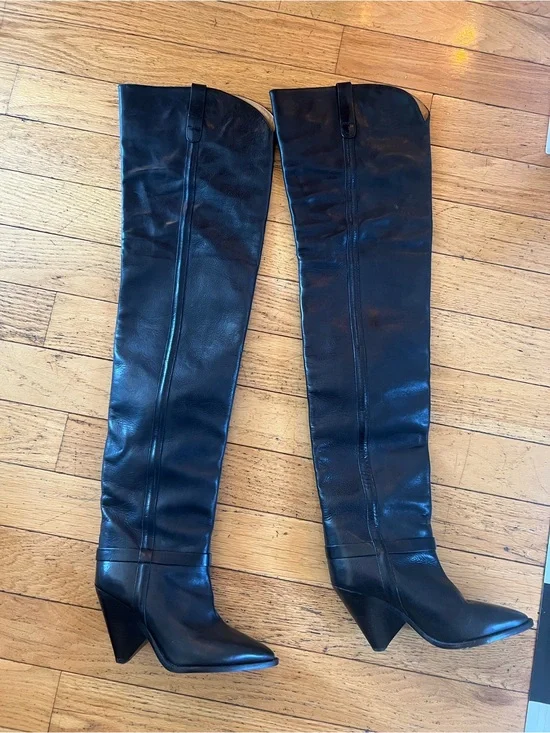 Women’s Black Over-the-Knee Leather Heeled Boots
