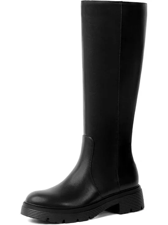Women's Black Faux Leather Low Block Heel Comfort Side Zipper Knee High Boots