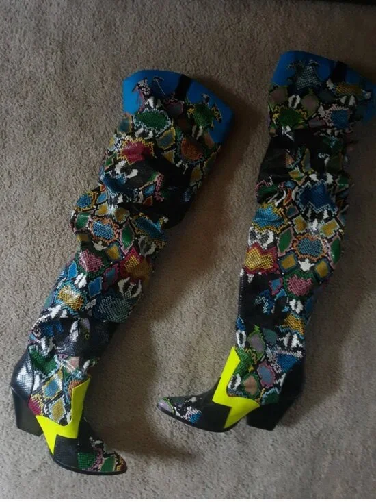 Thigh high multi color faux snake skin boots
