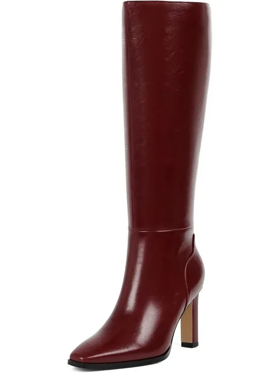 Women's Red Faux Leather Pointed Square Toe Stiletto Chunky Heel Knee High Boots