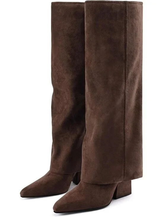 Women's Brown Block Low Heels Knee High Fold Over Pointed Toe Shark Tall Boots