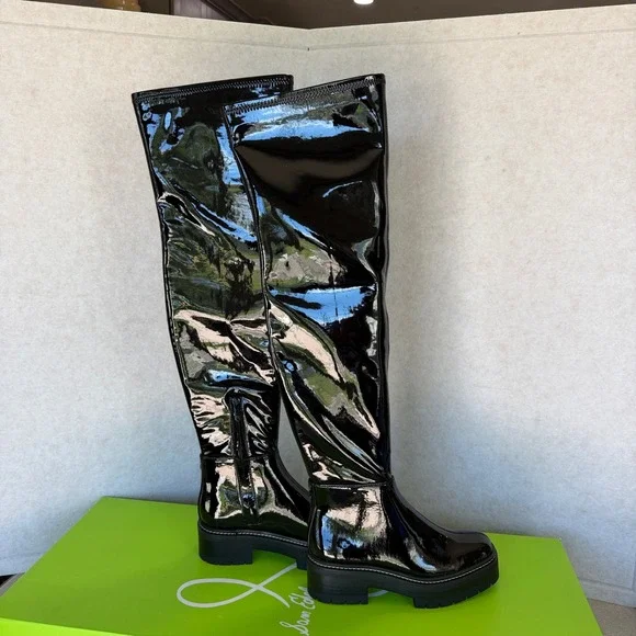 Sam Edelman Lydia Black Patent Over The Knee Lug Sole Boots I3399S1001 Size 6.5