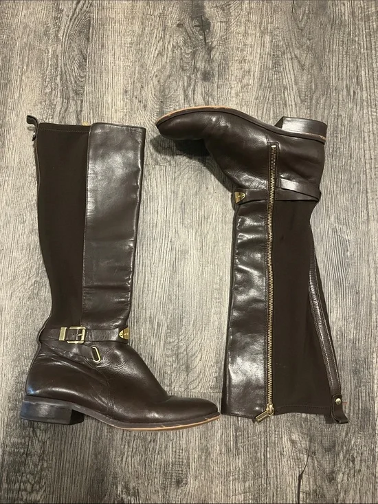 Michael Kors Dark Brown Leather Over-the-Knee Riding Boots with Gold Hardware