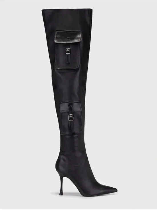 Steve Madden Black Over-the-Knee Pointed Stiletto Boot with Buckle Pockets