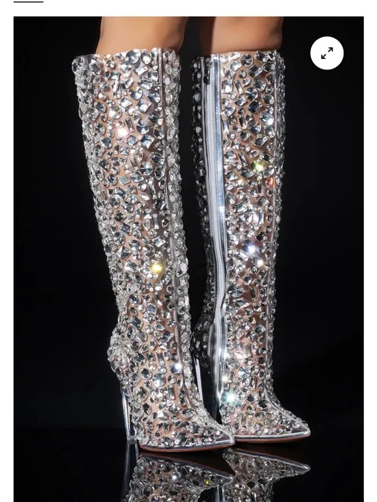 Crystal-Embellished Silver Over-the-Knee Stiletto Boots