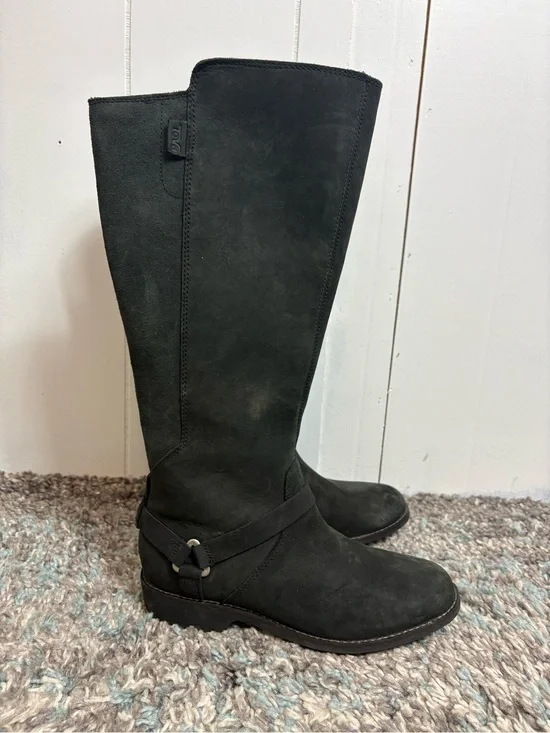 Teva Boots Womens 6 De La Vina Tall solid Black Waterproof Leather Side Zip