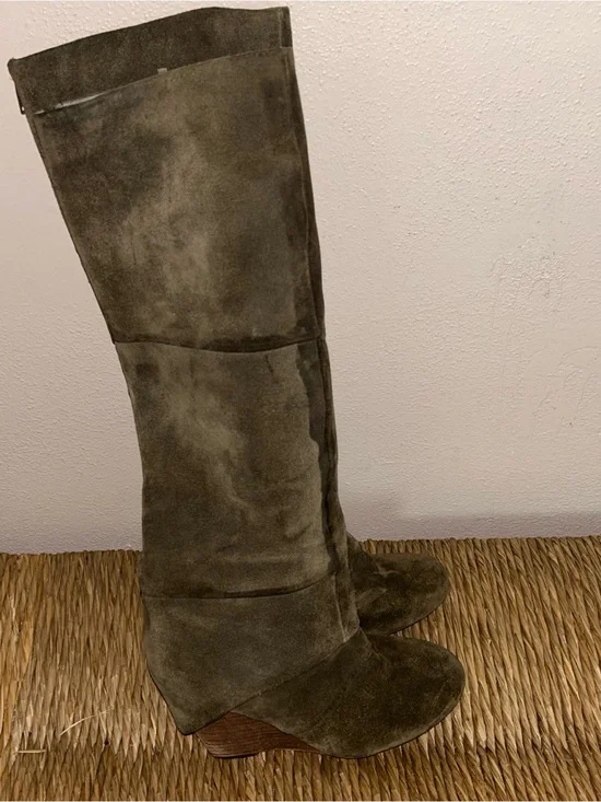Fergie y2k Olive Green fold over Suede Over-the-Knee Wedge Boots