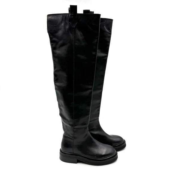 AllSaints Mindy Boot Black Leather Over The Knee Lug Sole Platform Tall Sz‎ 6