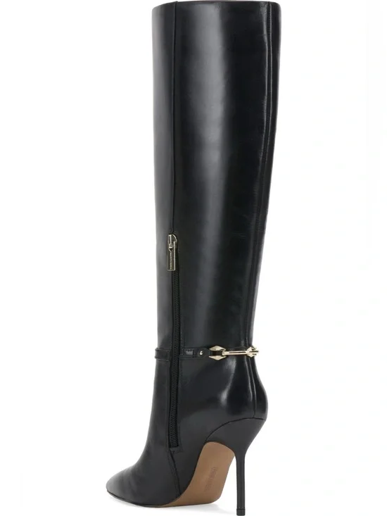Women’s Black Knee-High Stiletto Boot with Gold Hardware