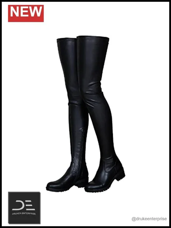 Women's Thigh High Boots Round Toe Low Chunky Heel Side Zipper