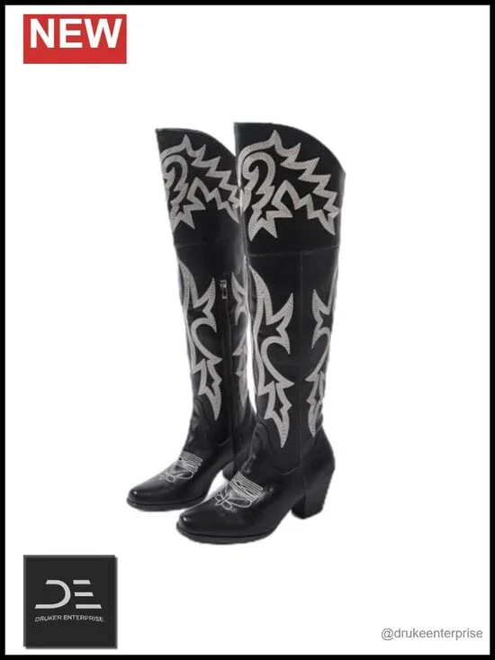 Over-the-Knee Western Cowboy Boots Square Toe PU Leather Embroidered