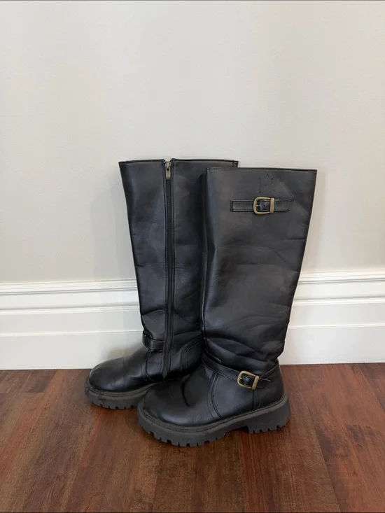 Black Leather Knee-High Riding Boots with Buckle Detail